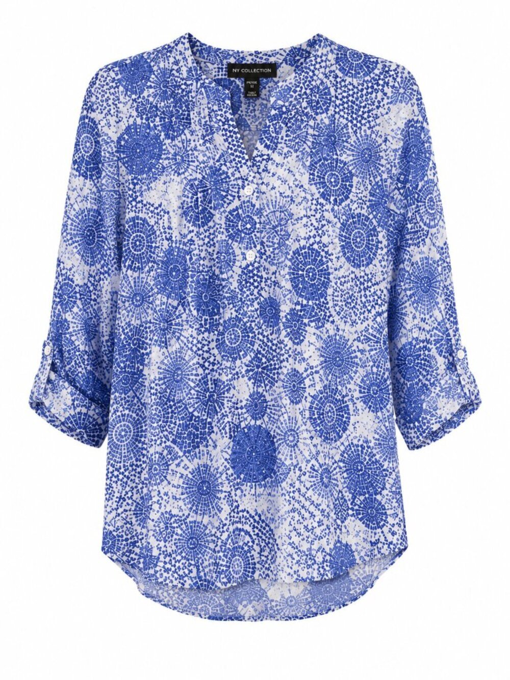 NY Collection Petite Tribal Print Pintuck Top PM Blue 3/4 Sleeve Boho Work Top - Picture 2 of 6